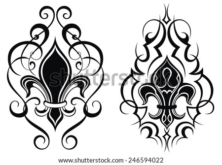 Black royal fleur de lis flowers.Tattoo - stock vector