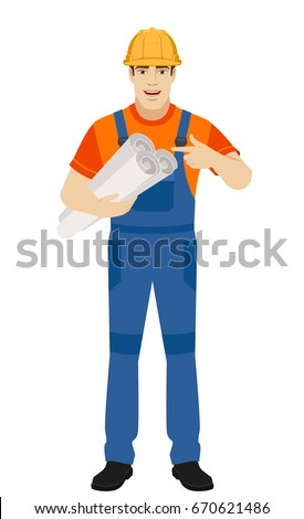 Builder pointing the finger to the project plans . Full length portrait of builder character in a flat style. Vector illustration.