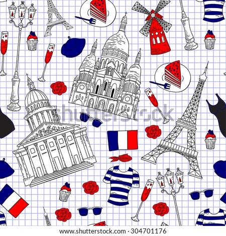 Travel Pattern In French | london icons doodles drawing background stock vector Travel Pattern In French | london icons doodles drawing background stock vector
