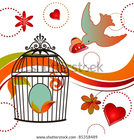 Whimsical bird carrying heart to cage
