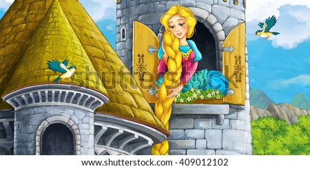 Cartoon scene of a princess - girl - sitting in the window - illustration for children