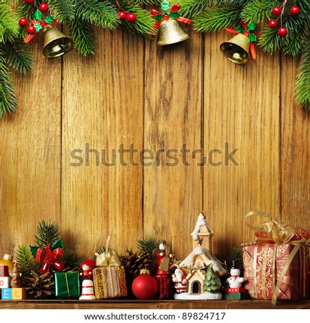 Christmas decoration with presents on wood board