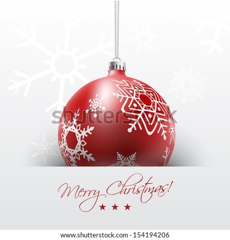 Christmas card with red ball in white snowflakes background, vector illustration.