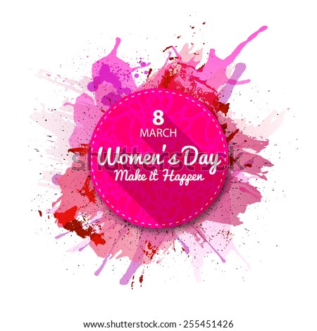 International Women's Day label, flat style. Pink Watercolor blots background.