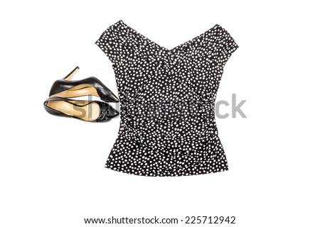 Women's Fashion Top and Black Leather High Heel Shoes Isolated on White
