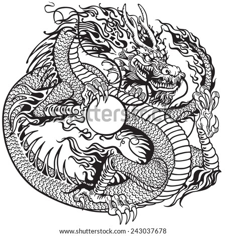 Chinese Dragon Holding Pearl Black White Stock Vector ...