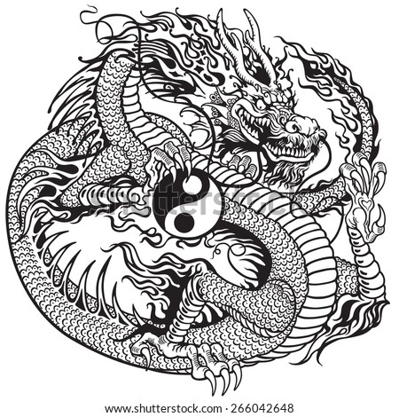 stock vector chinese dragon holding yin yang symbol black and white tattoo illustration 266042648