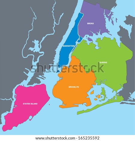 colorful map of New York with names of districts - stock vector