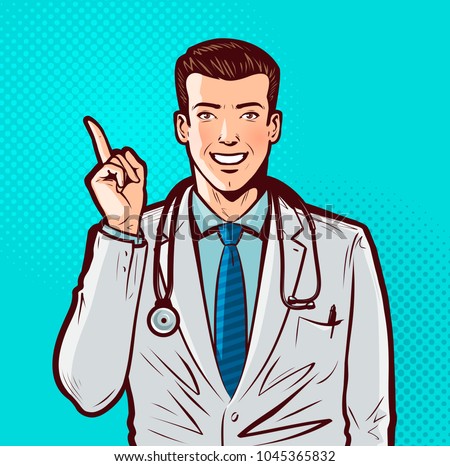 Happy doctor with index finger. Hospital, pharmacy, health, medicine concept. Pop art retro comic style. Cartoon vector illustration