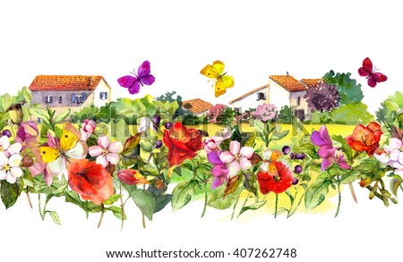 Vintage Floral Border Countryside Houses Watercolor Stock ...