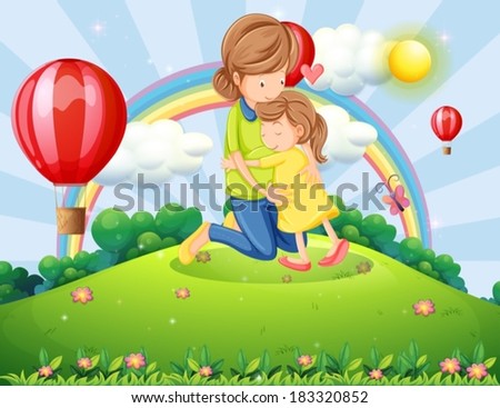 Illustration of a hilltop with a mother and a daughter