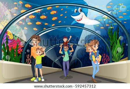 People looking at fish in the aquarium illustration