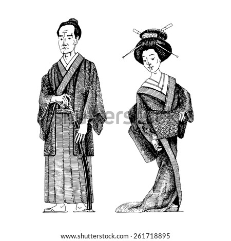 Sketch Japanese Couple Traditional Dress Stock Vector 