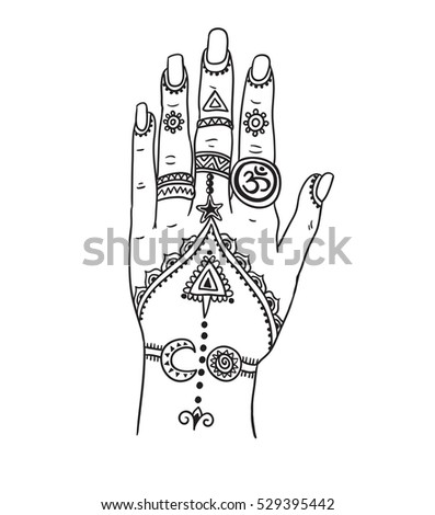 Woman Hand With Magic Mehendi And Boho Jewelry Vector Illustration Isolated Tattoo Design