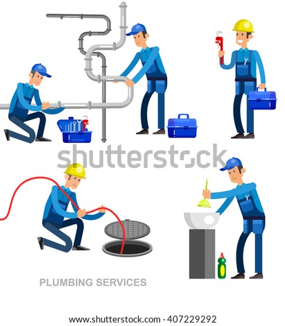 detailed character proffesional plumber men set , repair professional, fixing water pipes. Vector