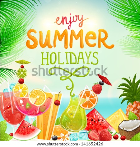 Summer holidays vector illustration set with cocktails, palms, sun, sky, sea, fruits and berries. Coconut, strawberry, pineapple, watermelon, cherry, orange and lemon for best summer design.