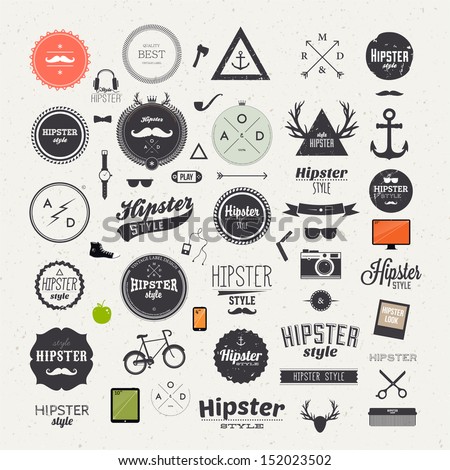 Hipster style infographics elements and icons set for retro design. With bicycle, phone, sunglasses, mustache, bow, anchors, apple and camera. Vector illustration.