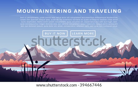 Mountaineering and Traveling Vector Illustration. Landscape with Mountain Peaks. Extreme Sports, Vacation and Outdoor Recreation Concept