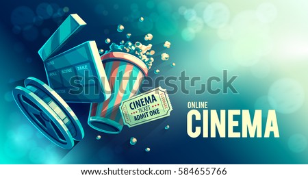 Online cinema art movie watching with popcorn and film-strip cinematograph concept vintage retro movies colors vector illustration. Hipster and cinematic style colors