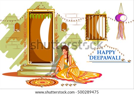Easy To Edit Vector Illustration Of Indian Lady With Decorated Hanging Light For Happy Diwali Holiday