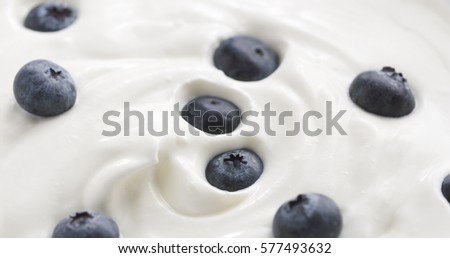 Blueberries in organic yogurt, 4k close up photo