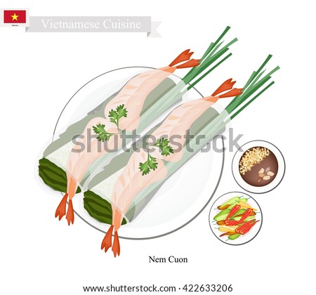 Vietnamese Cuisine, Nem Cuon or Traditional Spring Rolls Filled with Vegetable and Prawns. One of The Most Popular Dish in Vietnam.