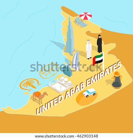 united arab emirates map in isometric 3d style symbols of uae set collection abu