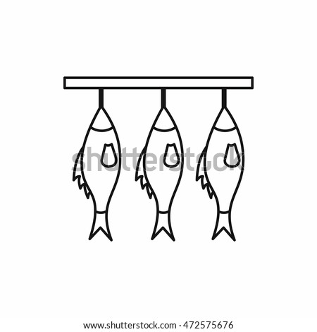 Three dried fish hanging on a rope icon in outline style isolated illustration