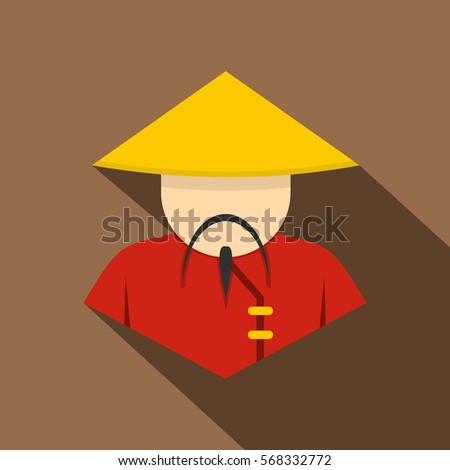 Asian man in conical, straw hat icon. Flat illustration of asian man in conical, straw hat vector icon for web on coffee background