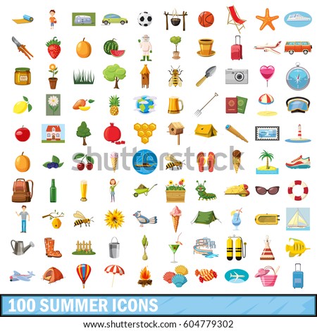 100 summer icons set in cartoon style for any design vector illustration