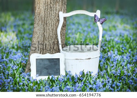 Digital Photography Background Of Spring Flower Field And White Bucket Prop