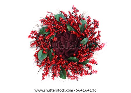 Background Of Red Christmas Holiday Wreath Isolated On White