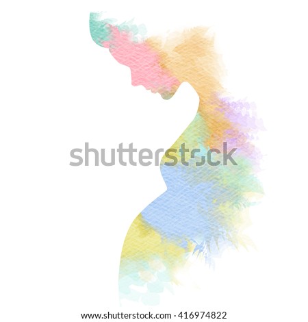 Pregnant woman silhouette plus abstract water color painted. Digital art painting.