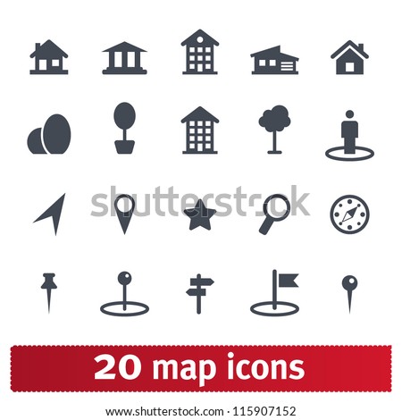 Maps icons: vector set of places, pins and directions - stock vector