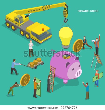 stock vector crowdfunding flat isometric vector conceptual illustration people are putting money to piggy bank 292764776