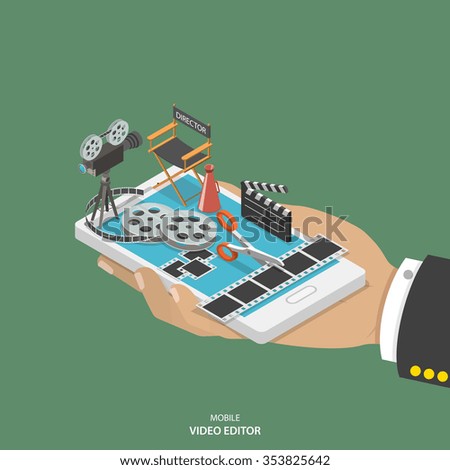 Mobile video editor flat isometric low poly vector concept. Hand with smartphone and equipment for movie creating like film strip, camera, directors chair on it.