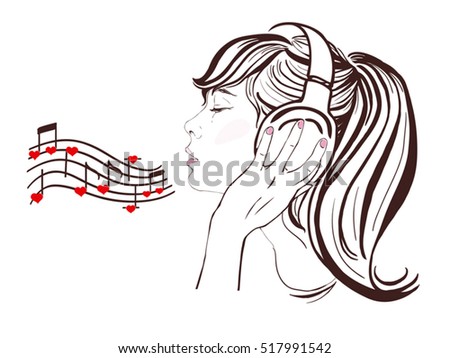 Happy Valentine Day, pretty girl with dark long hair in headphones singing and listen to romantic music. Notes with hearts, copy space. Vector hand-drawn illustration.