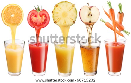 Conceptual image - fresh juice pours from fruits and vegetables in a glass. Photo on a white background.