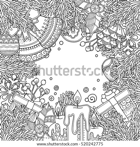 Christmas Frame In Doodle Style Floral Ornate Decorative Tribal Decor