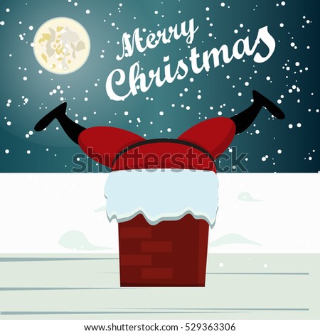 Santa Stuck in Chimney. Santa Claus is up on the rooftop, but he cant get down. Cute xmas card with santa stuck funny holiday illustration. Winter greeting card santa stuck happy character vector.