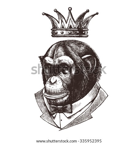 King Of Monkeys Chimpanzees In The Tuxedo And Crown Vector Illustration