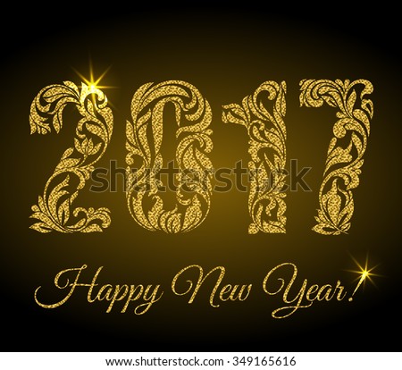 Happy New Year 2017. The figures with gold glitter from a floral ornament