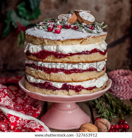 Christmas Layered Cake with Raspberry Jam and Whipped Cream, Victoria Sponge, square