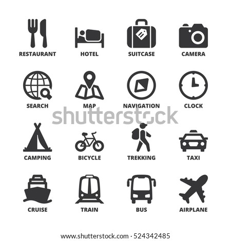 Set Black Flat Symbols About Travel Stock Vector (Royalty Free
