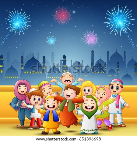 Vector Illustration Happy Kids Celebrate Eid Stock Vector 