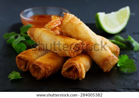 Spring rolls with shrimp with sweet chili sauce. Asian cuisine.