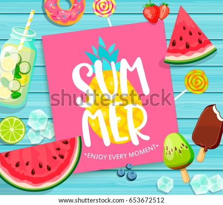 Summer lettering on blue wooden background with pineapple, watermelon, detox, ice, donut, ice cream, lime and candy. Vector Illustration.