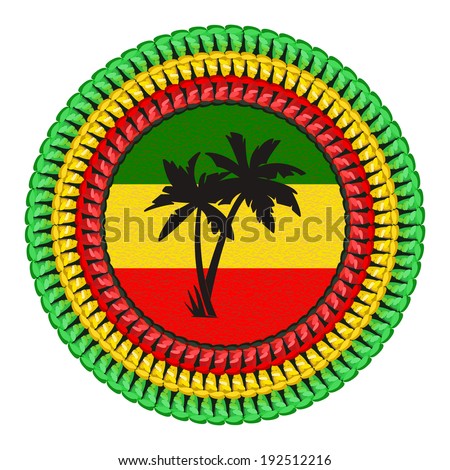 Round emblem with palm trees on the background of the flag Rastafarian ...