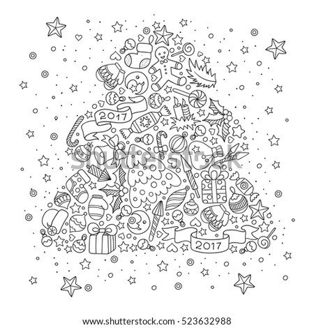 Pattern For Coloring Book Christmas Hand Drawn Decorative Elements In Vector Tree