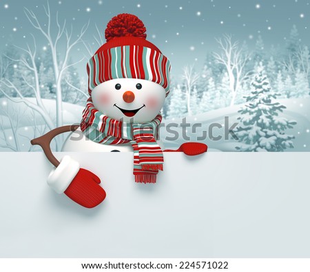 3d cartoon happy snowman holding blank banner, winter background, Christmas greeting card
